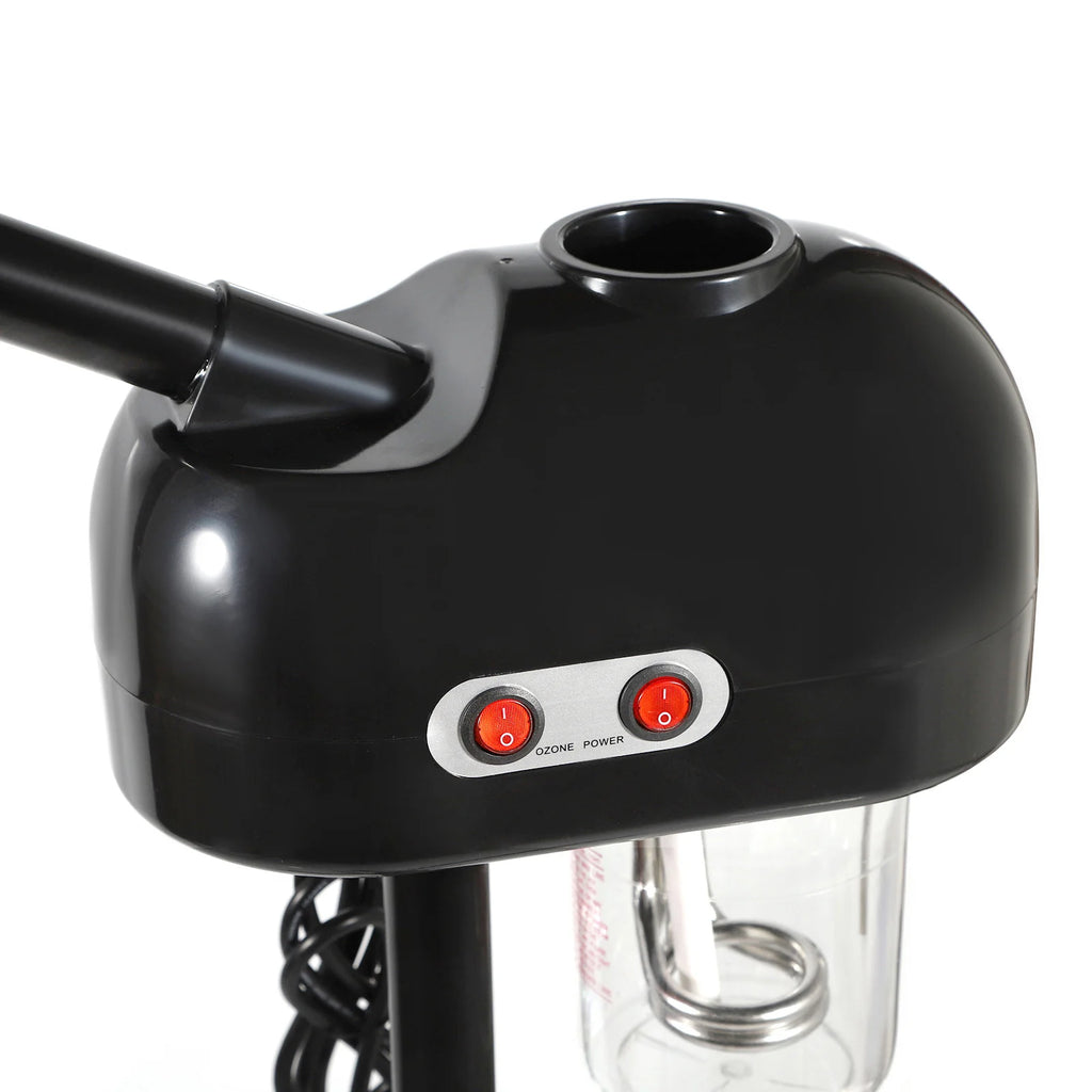 Black 800W facial steamer with ozone and power switches, clear 750ml water tank, and adjustable spa spray nozzle.
