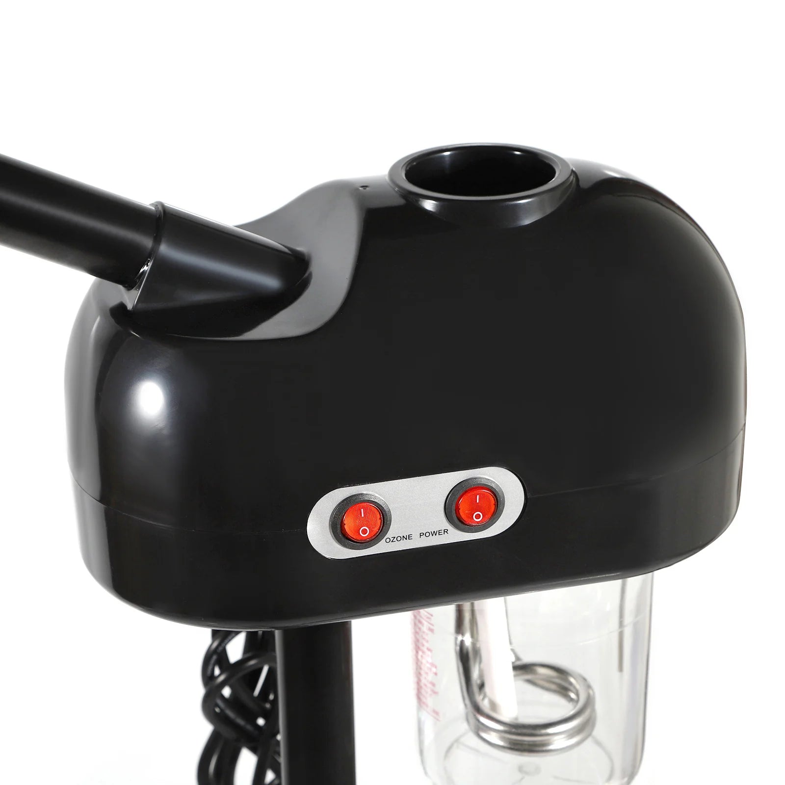 Black 800W facial steamer with ozone and power switches, clear 750ml water tank, and adjustable spa spray nozzle.