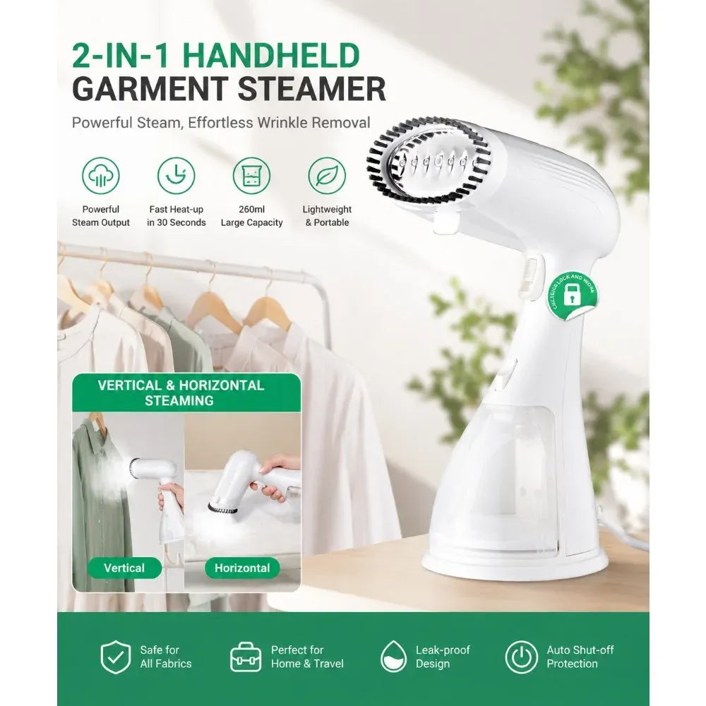 Handheld garment steamer in white for wrinkle removal, with vertical and horizontal steaming.