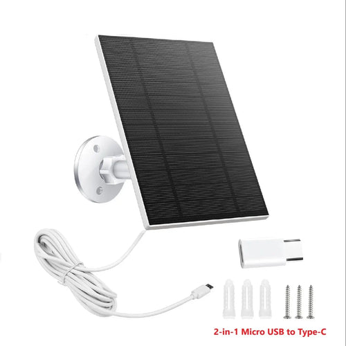 White 10W solar panel with adjustable mount, 2m micro USB cable, Type-C adapter, and wall-mounting screws.