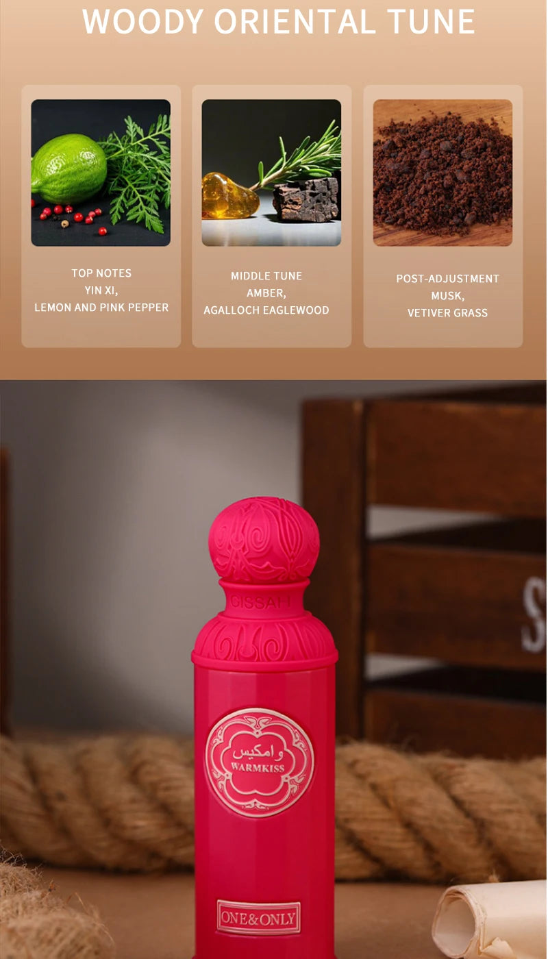 Gissah Warmkiss EDP: Unisex 100ml Arabian Oud perfume, woody oriental notes, pink, round-cap cylindrical luxury bottle.