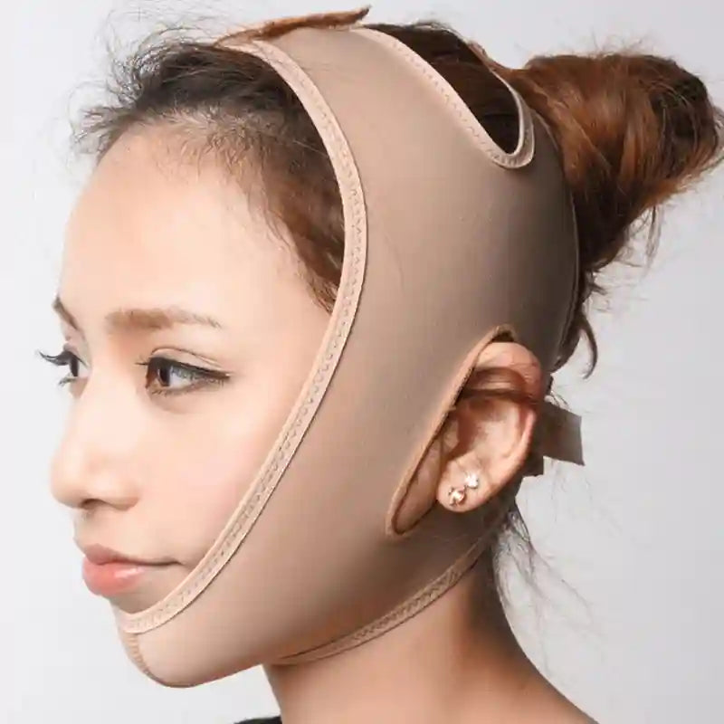 A woman wearing a nude-colored elastic V-line face slimming strap that wraps around the chin and crown of the head.