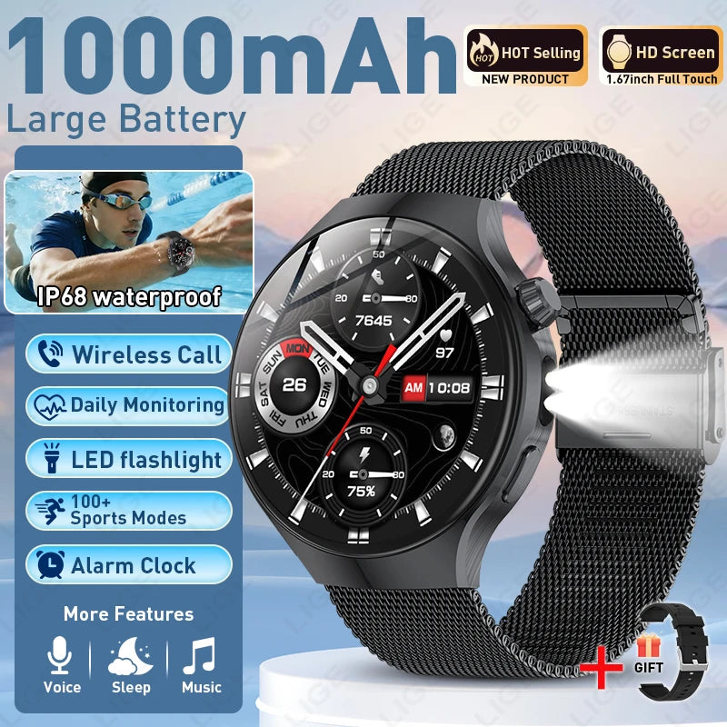 Smartwatch with black round display on silver mesh metal strap