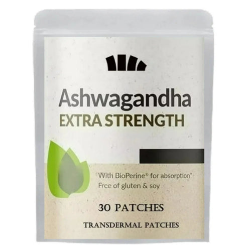 Ashwagandha 30-patch white supplement pouch for stress relief and adaptogen support.