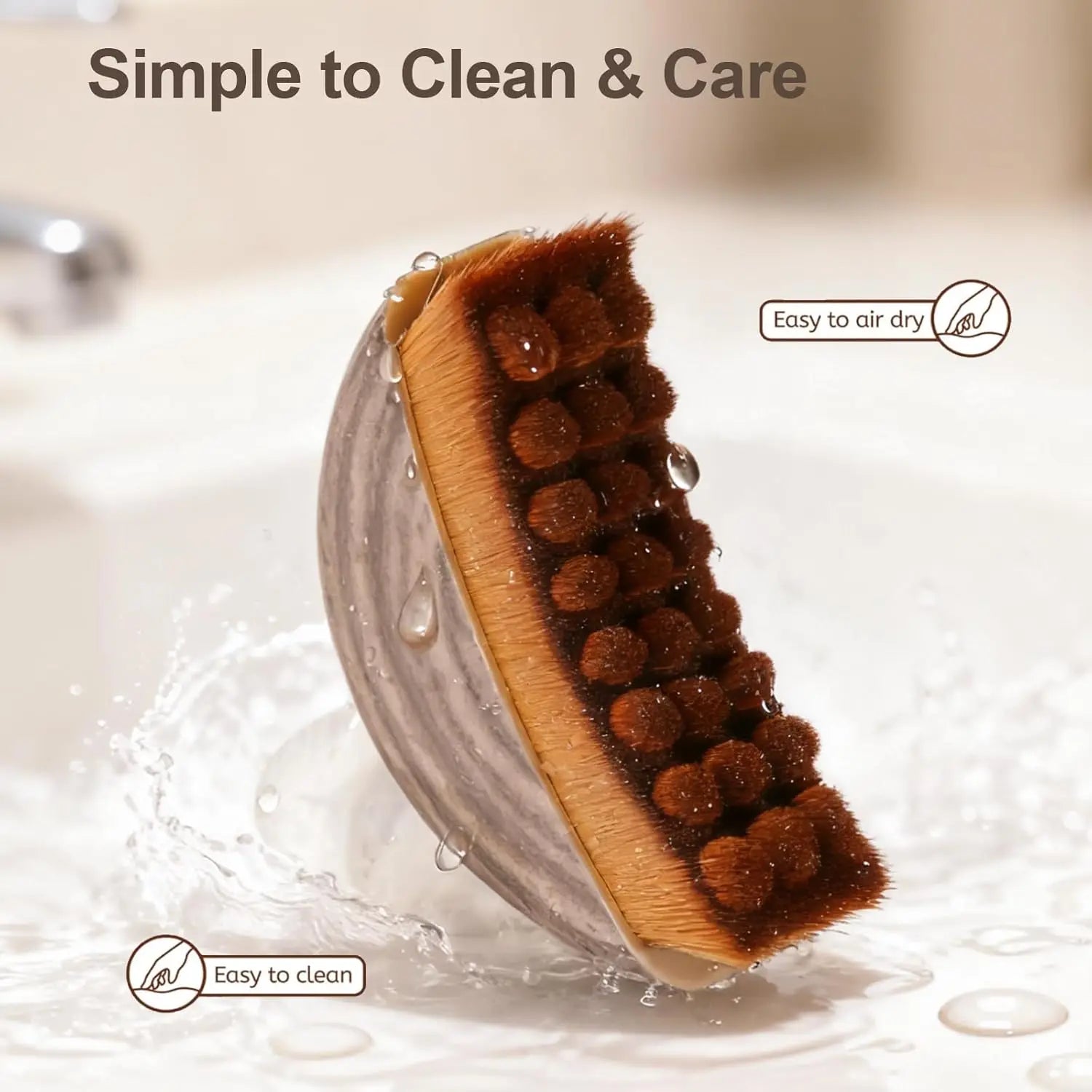 A brown, semi-circular facial sculpting brush with textured nylon bristles being rinsed with water in a sink.