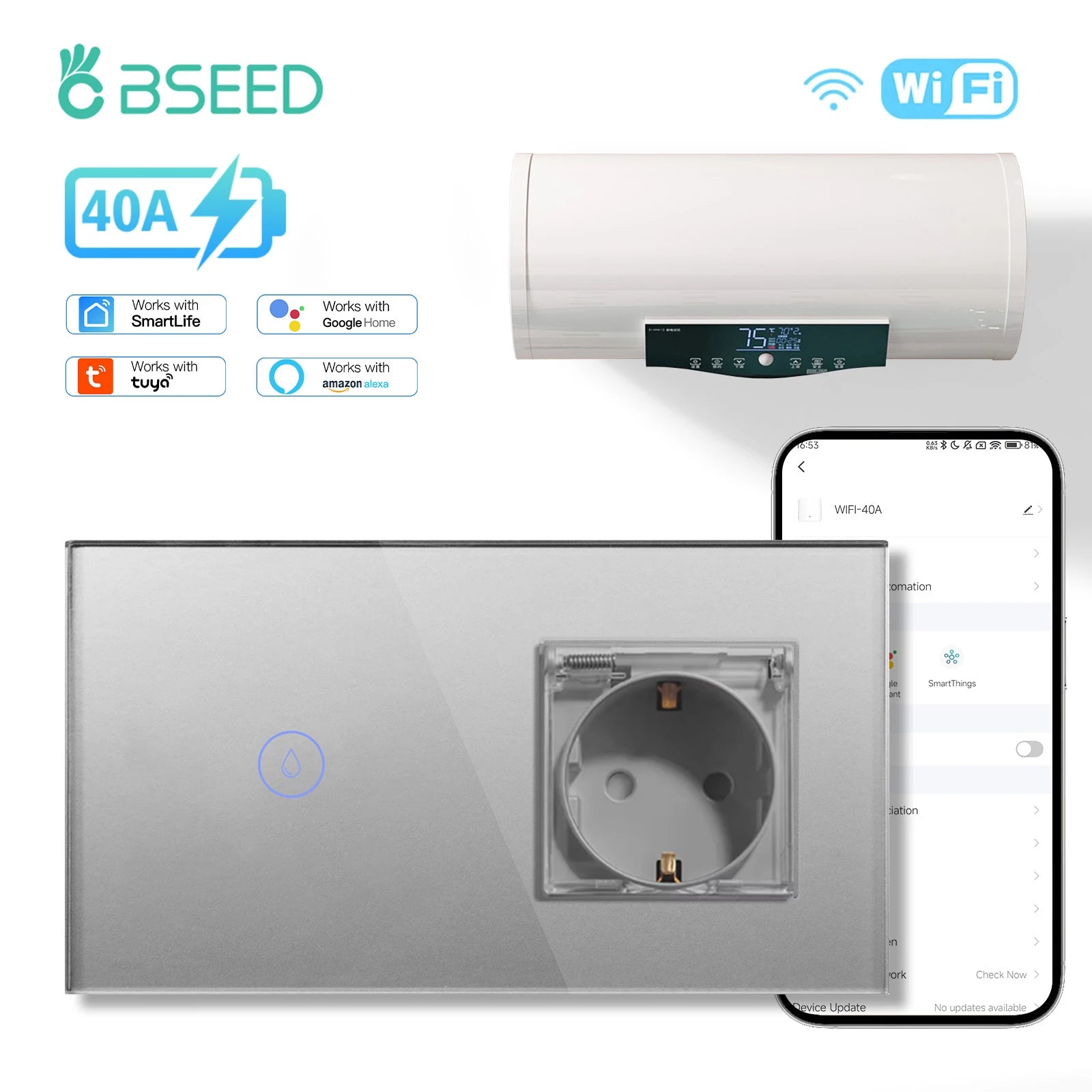 Tidesmit BSEED Matter compatible 40A smart WiFi boiler switch for remote water heater control.