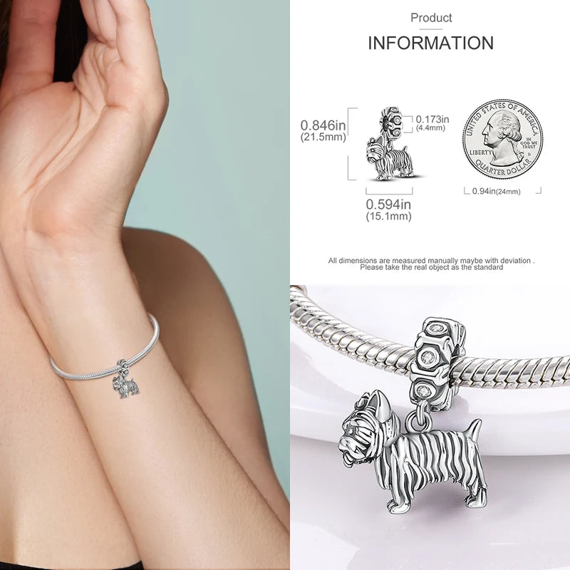 Cute 925 sterling silver dog charm for DIY charm bracelets. Detailed puppy pendant perfect for pet lovers' jewelry.
