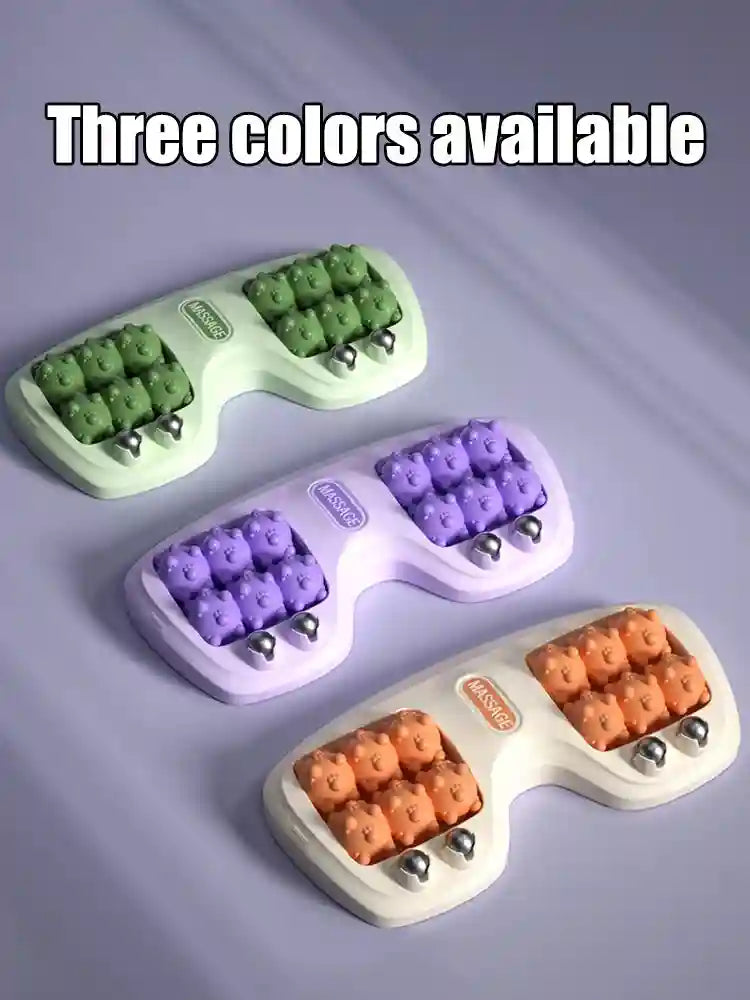 Three-color foot roller massagers with magnetic beads and multi-point textured rollers for foot therapy and relaxation.