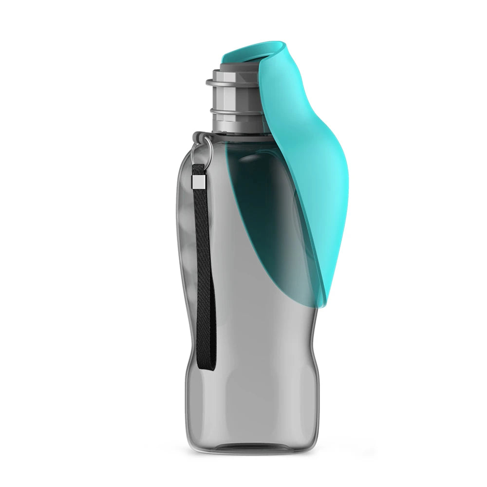 800ml portable dog water bottle with turquoise bowl top for easy outdoor travel hydration for pets.
