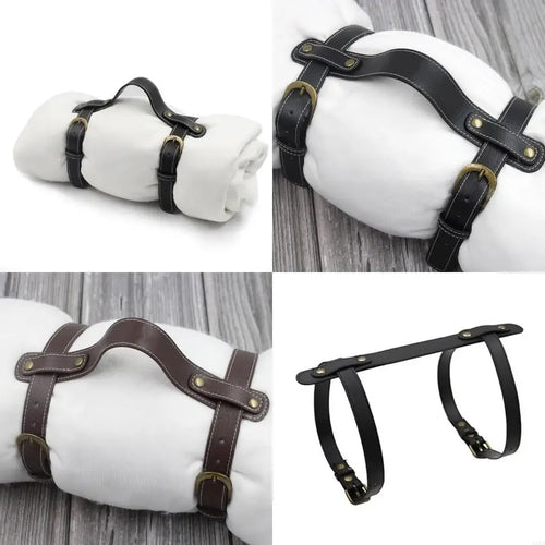 Yoga mat carry strap and camping blanket bedroll carrier for smart yoga mats in leather with adjustable brass buckles.