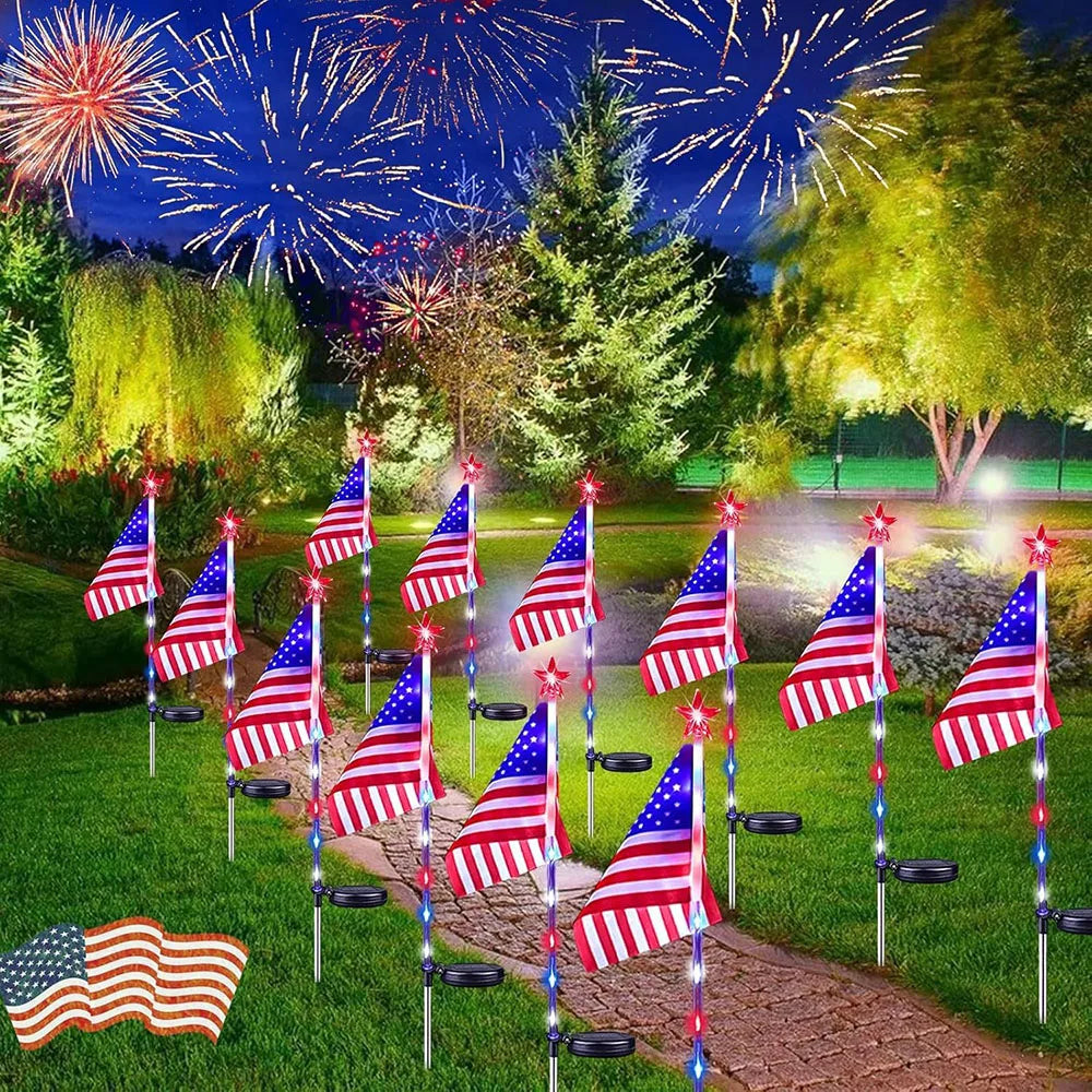 4Pcs LED American Flag Solar Lights Outdoor, 4th Of July Decoration Flag Lights with 2 Modes, Waterproof Summer Decora Garden Light, LED Solar Flag Patriotic Lights for Yard, Garden, Pathway, Independence Day, Memorial Day