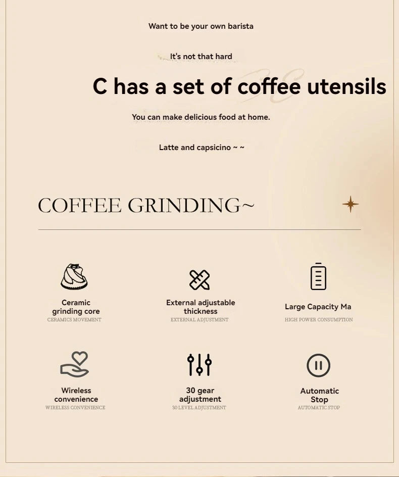 Wireless coffee grinder features ceramic core, 30-gear adjustment, adjustable thickness, and automatic stop function.