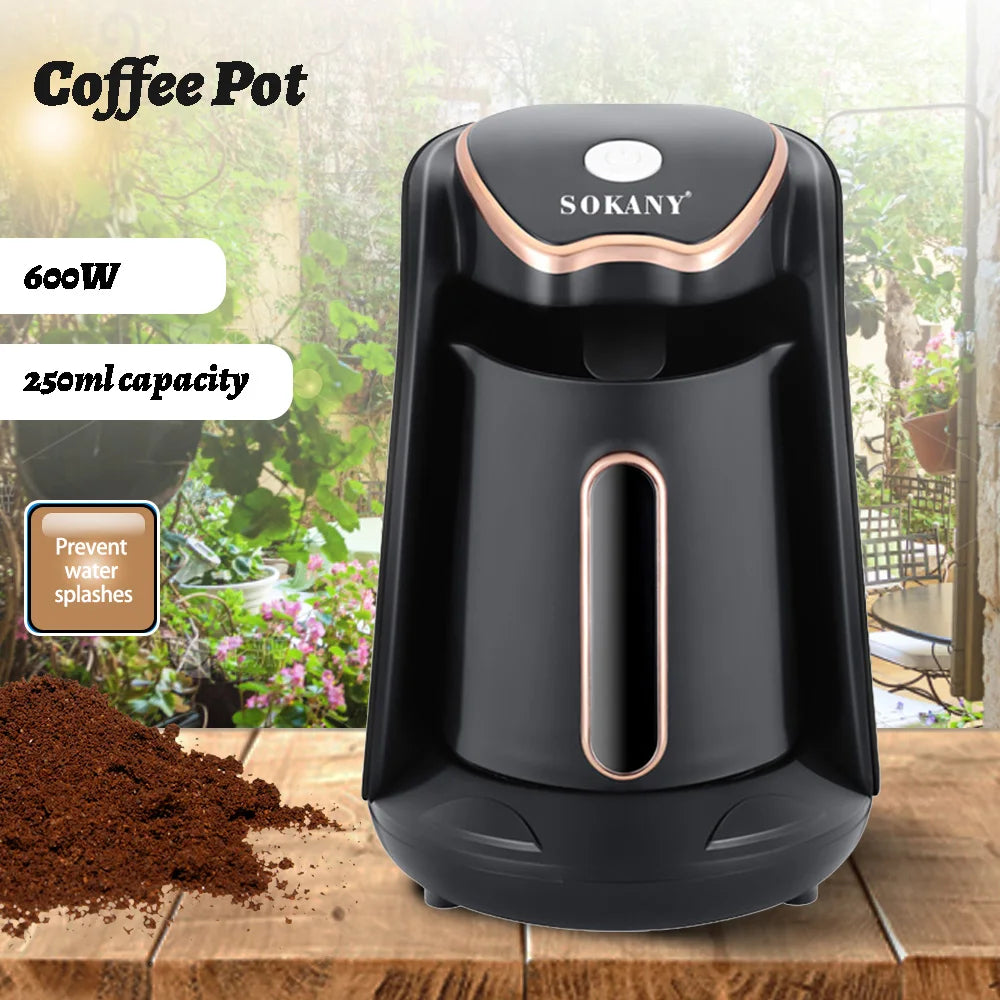 Sokany 600W black and rose gold electric coffee pot with 250ml capacity and anti-splash design on wooden table.