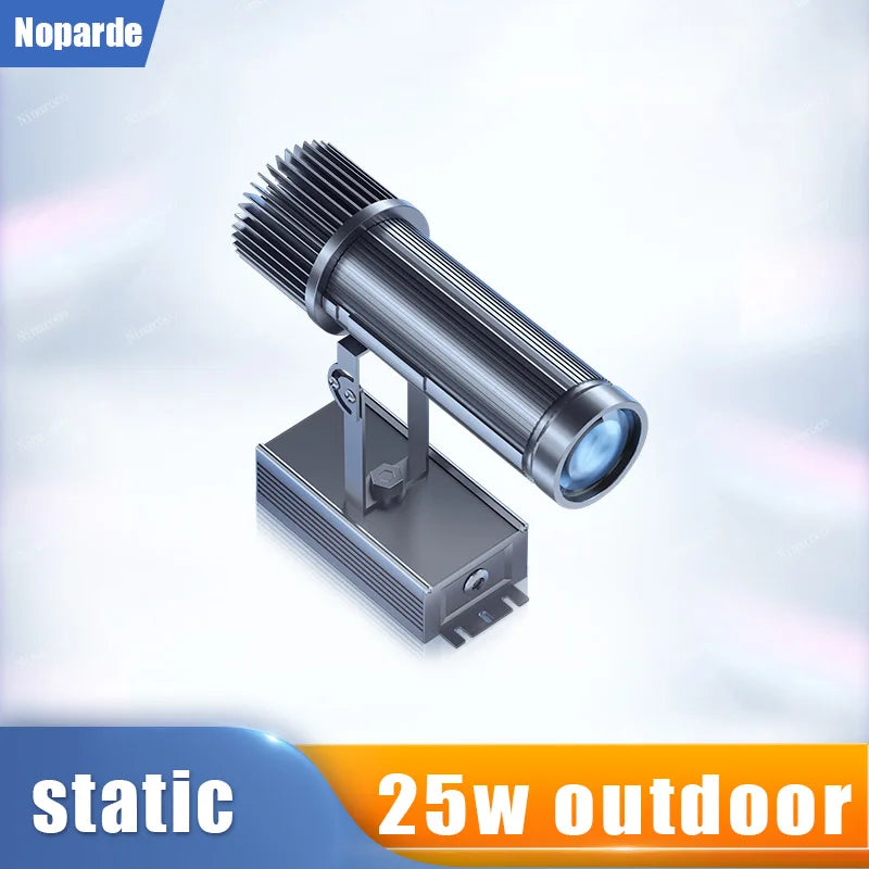 25W outdoor LED logo projector with static spotlight head, finned heat sink, black