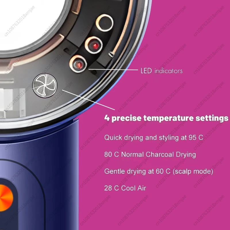 Blue leafless hair dryer with 4-level LED temperature settings and negative ion styling technology for professional care.