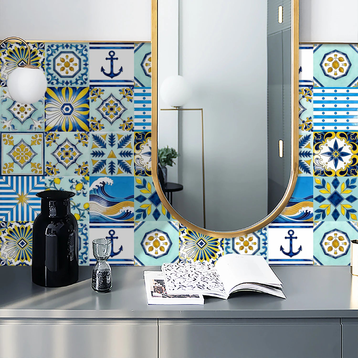 16pcs Portuguese Azulejo Tile Decals - Blue Yellow Floral Geometric Self-Adhesive Wall Stickers for Home Decor