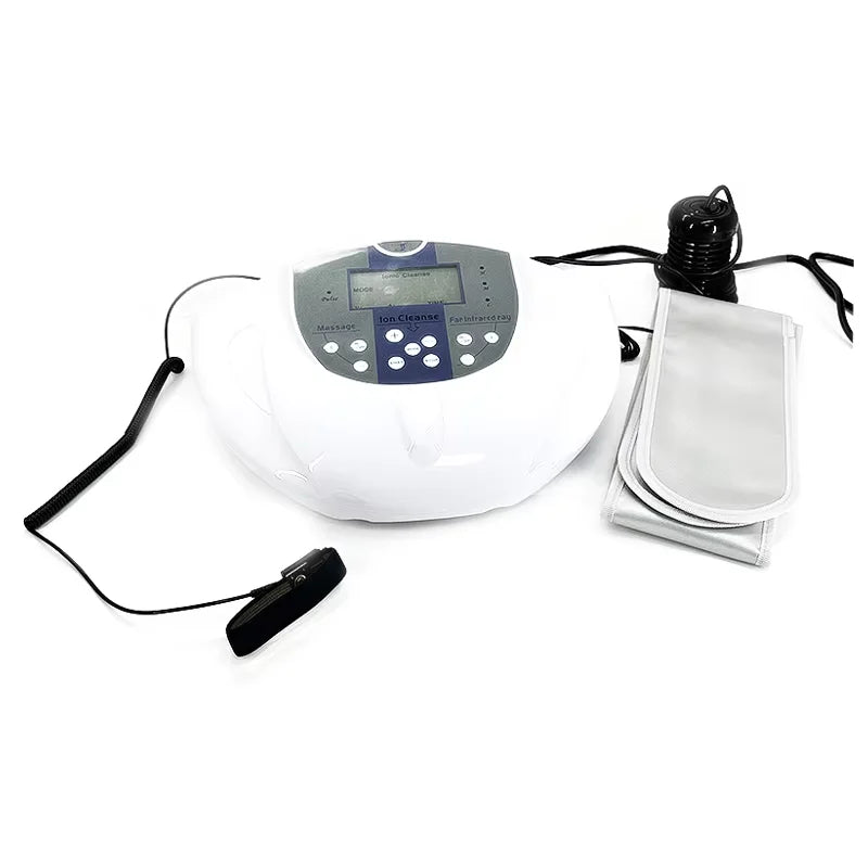 White ionic foot bath detox machine with digital control panel, black array, wrist strap, and heating belt for spa.