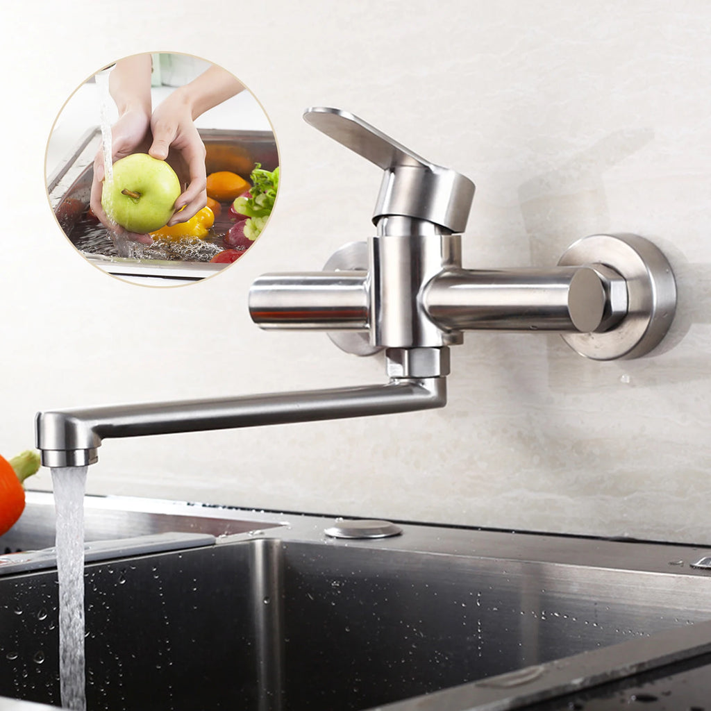 Silver Wall-Mounted Stainless Steel Rotatable Kitchen Faucet 360° Single Handle Hot and Cold Water Faucet For Both Homes Etc