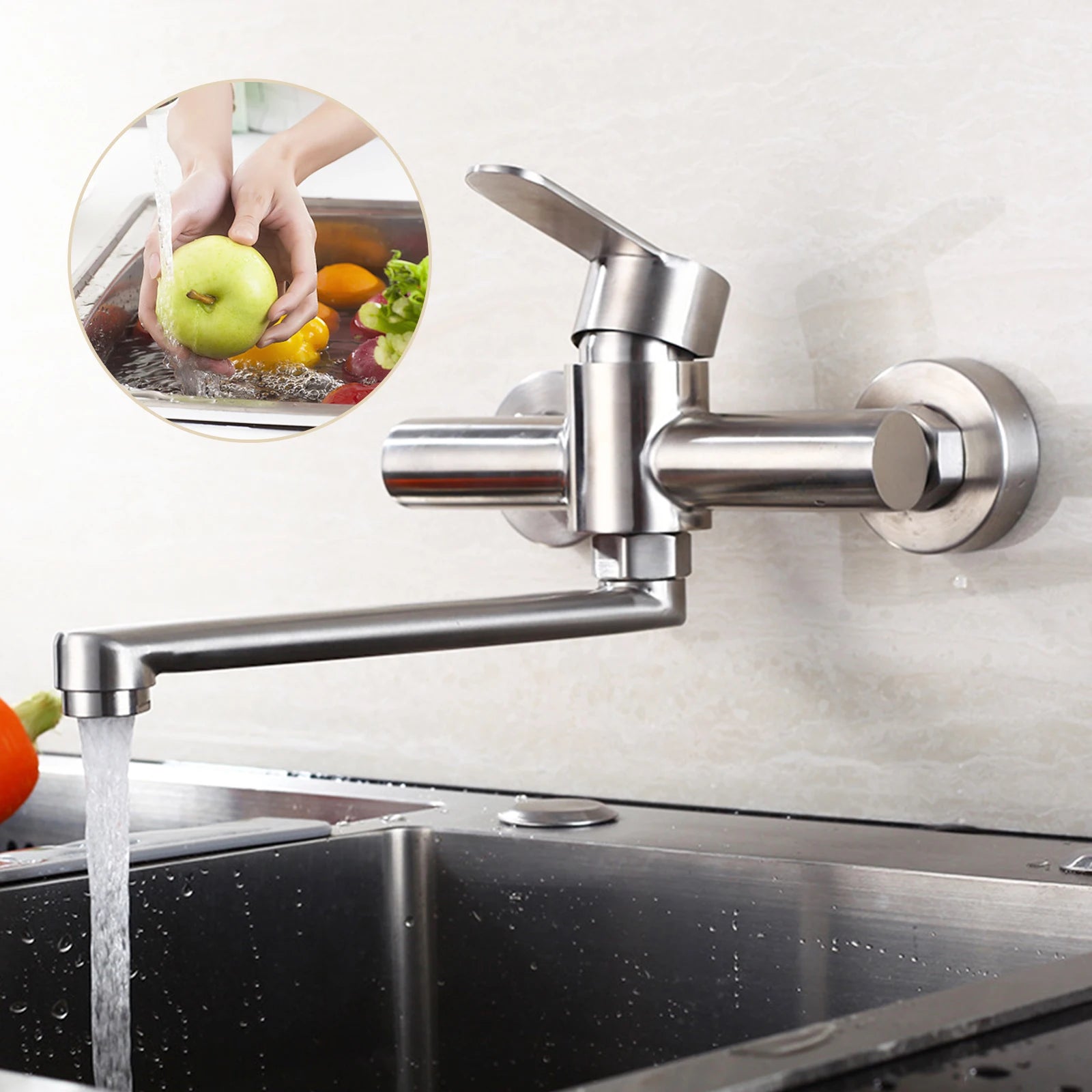 Silver Wall-Mounted Stainless Steel Rotatable Kitchen Faucet 360° Single Handle Hot and Cold Water Faucet For Both Homes Etc