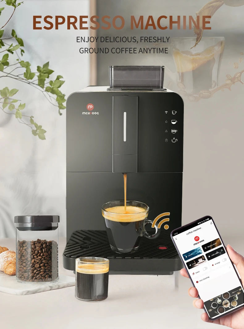 Black Mcileooc smart espresso machine brewing coffee into a cup with smartphone app control interface.