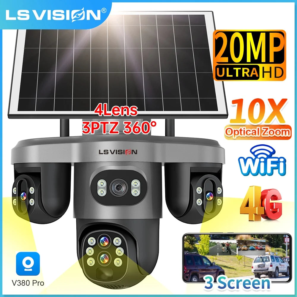 LS VISION 20MP 10X Optical Zoom 4G Solar Camera Outdoor WiFi Three Screen 3PTZ 360° Auto Tracking Security CCTV Camera V380 Pro