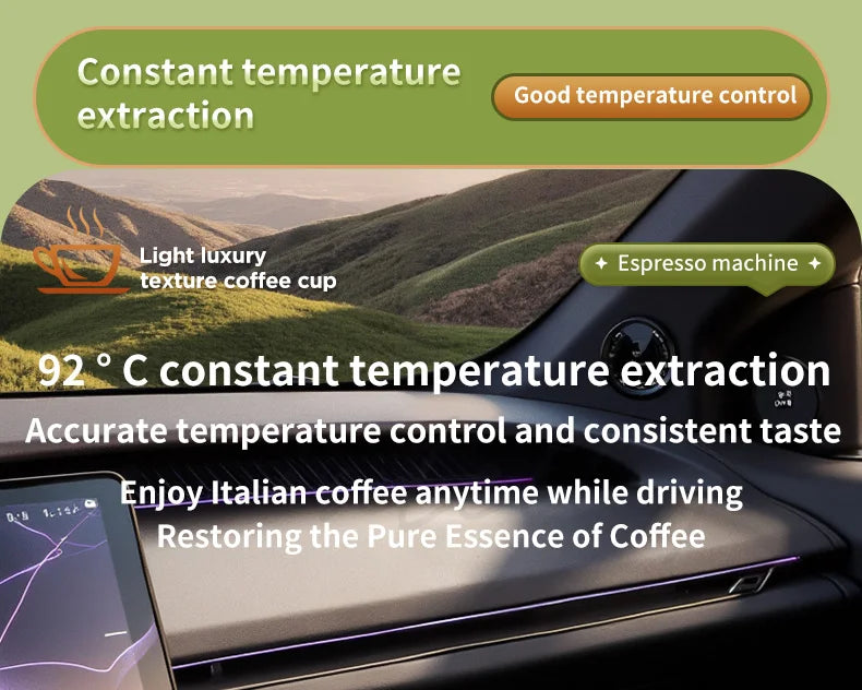 Portable car espresso machine featuring 92C constant temperature extraction for high-quality coffee on the go.