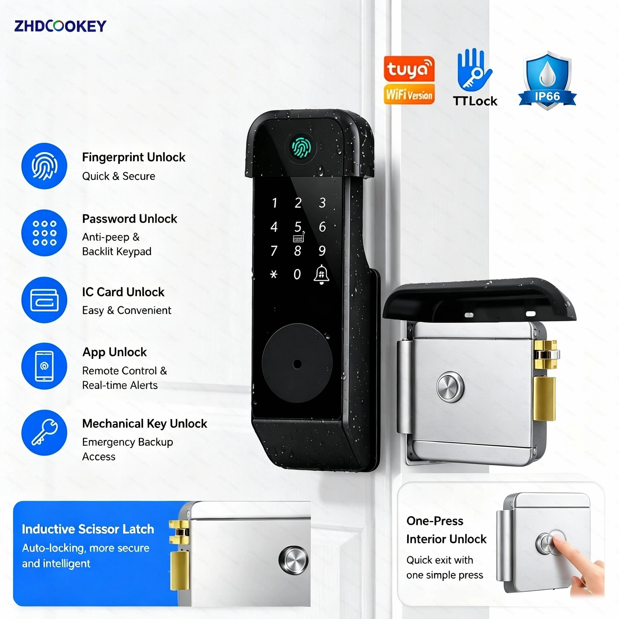 Tuya WiFi Smart Door Lock TTLock BLE APP Fingerprint Password IC Card Key One-Press Indoor Unlock IP66 Waterproof Gate Door Lock