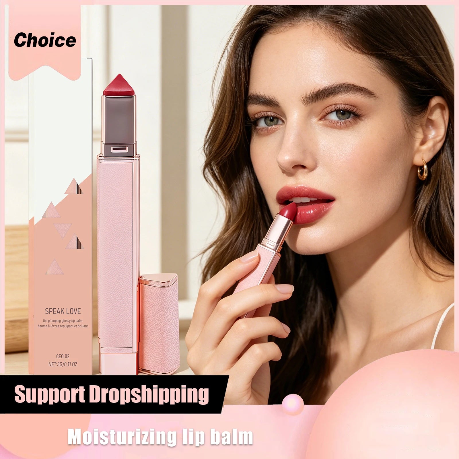 Glossy red hydrating lip balm stick in elegant pink packaging, providing plumping and moisturizing finish for lips.