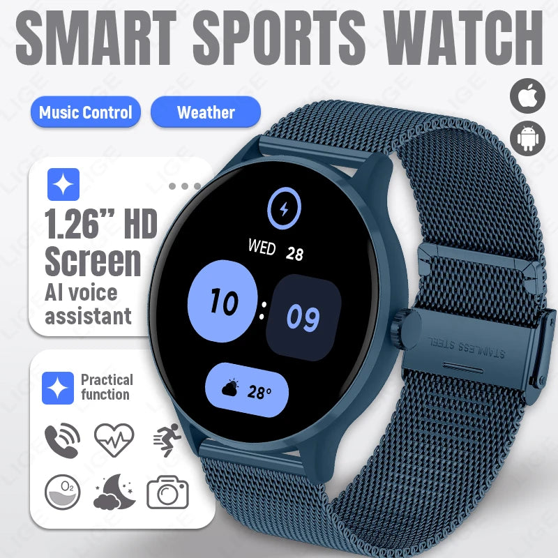 Smart sports watch with blue mesh strap, round 1.26" HD screen.