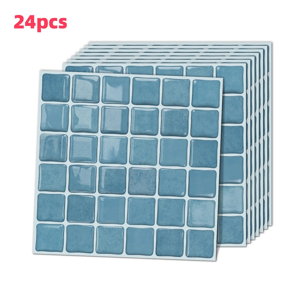 Removable mosaic tile wall decal stickers, blue square tiles set on backing sheet