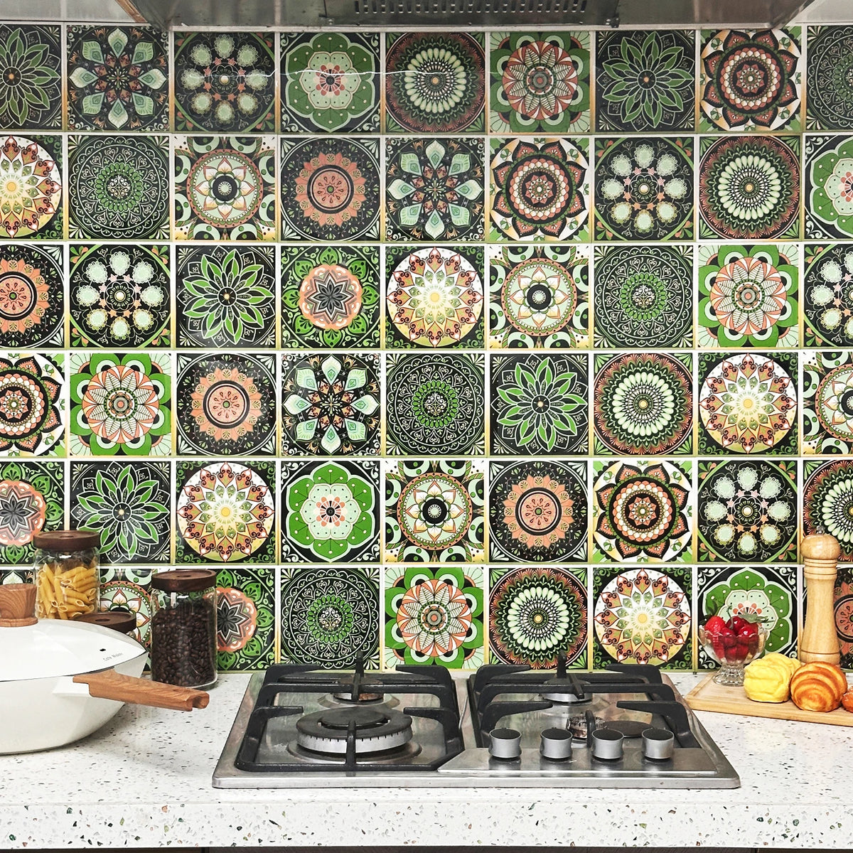 Multi-color tile-style wallpaper with repeating circular floral medallion squares