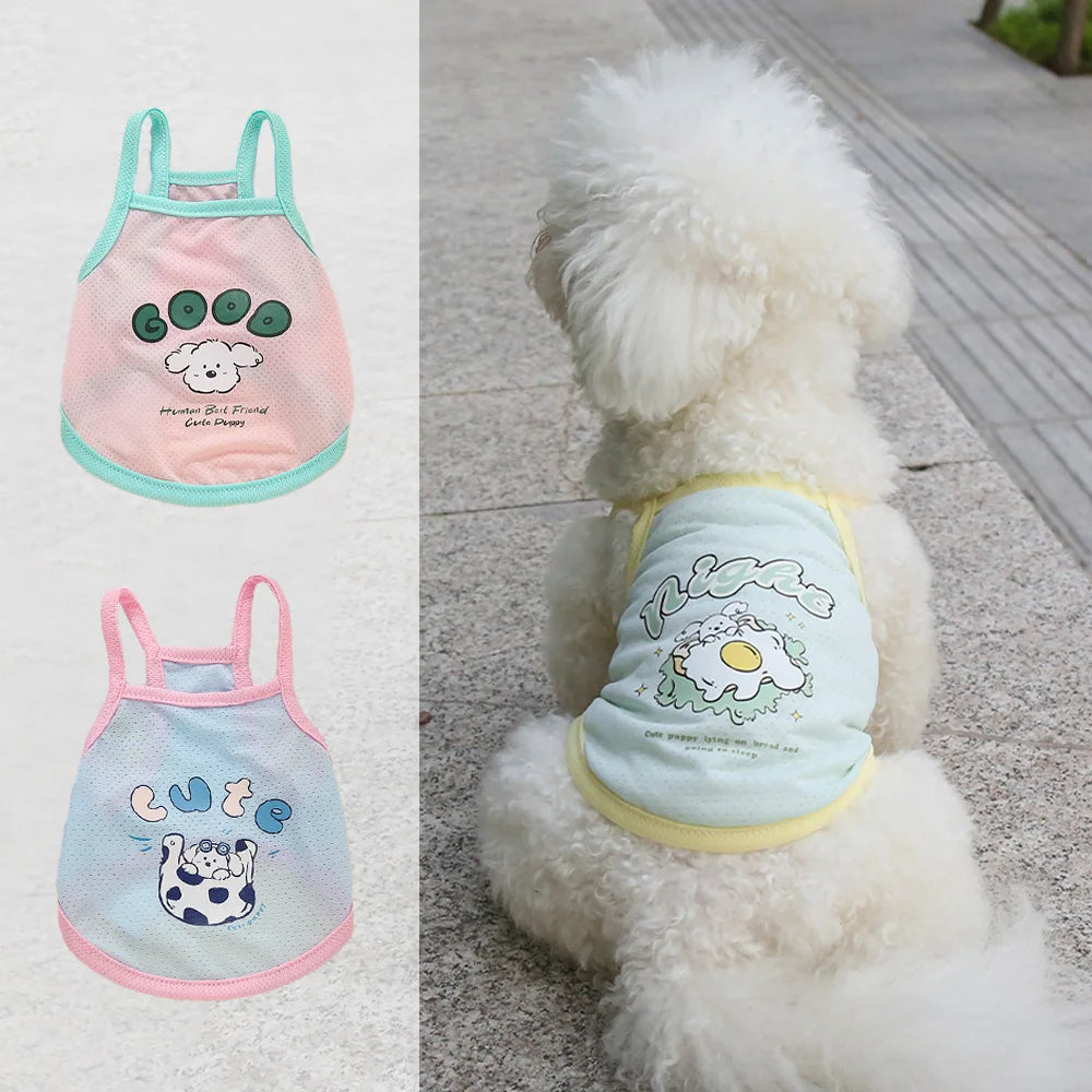 Breathable ice silk pet suspender vest for cats and dogs. Summer cooling clothes in cute prints to keep pets comfortable.