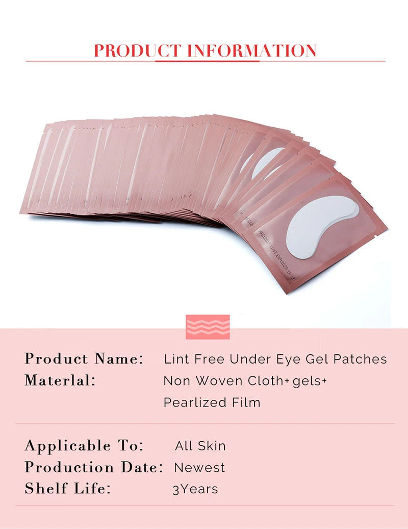 Stack of lint-free white gel eye patches in rose gold individual foil sachets for eyelash extensions.