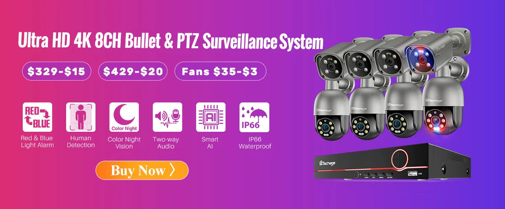 Techage UHD 4K 8MP 5MP Security POE Camera Smart AI Human Detect Outdoor Two-way Audio IP Camera CCTV Surveillance Color Night