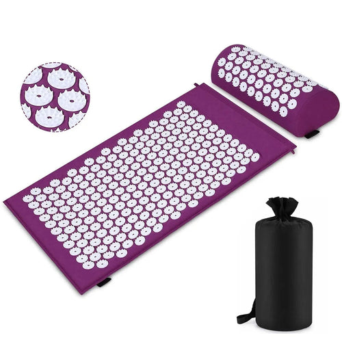 Acupressure mat and pillow set, purple smart yoga mat for neck and back pain relief with carry bag.