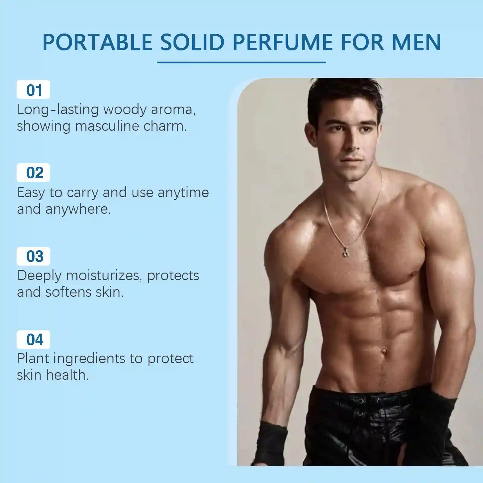 Portable solid perfume balm for men, long-lasting natural woody fragrance, moisturizing pocket deodorant for men.