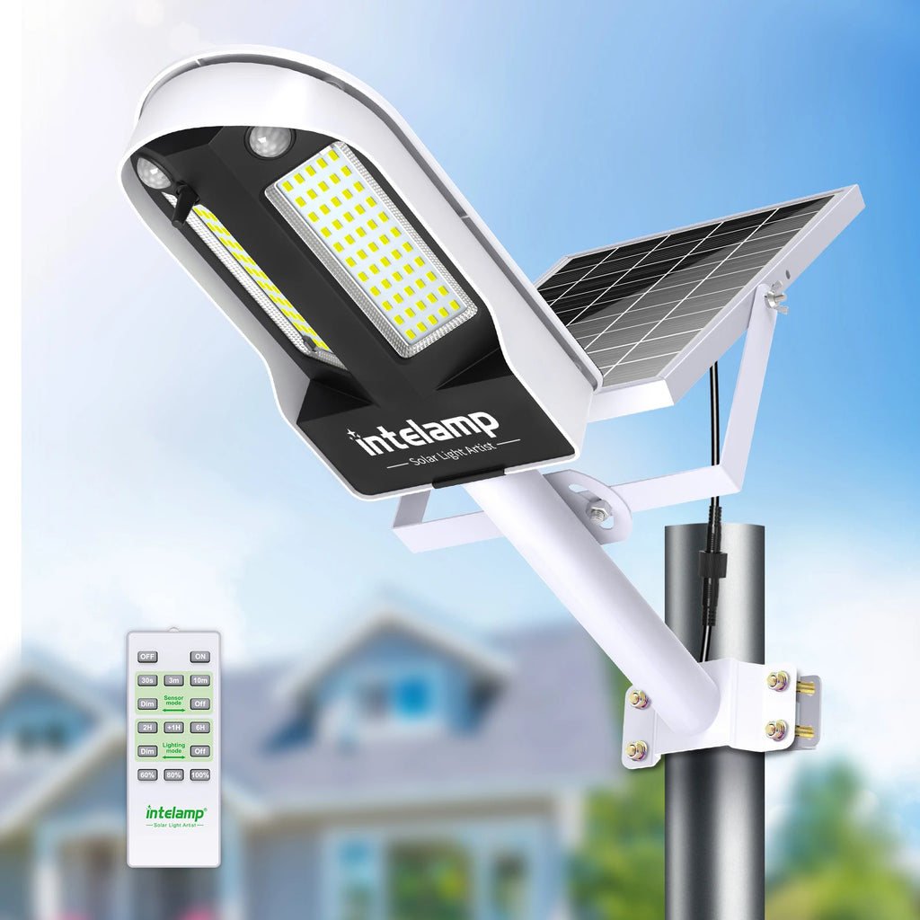 Intelamp Solar Street Lights Outdoor Lamp 3000LM 12500mAh With Two Motion Sensors Super Large Solar Panel For Garden Yard Path
