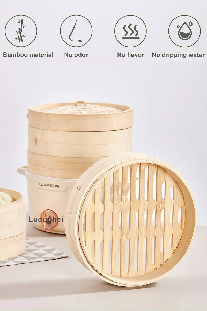 2.2L double-layer bamboo steamer electric cooking pot with open lid and vented bamboo basket