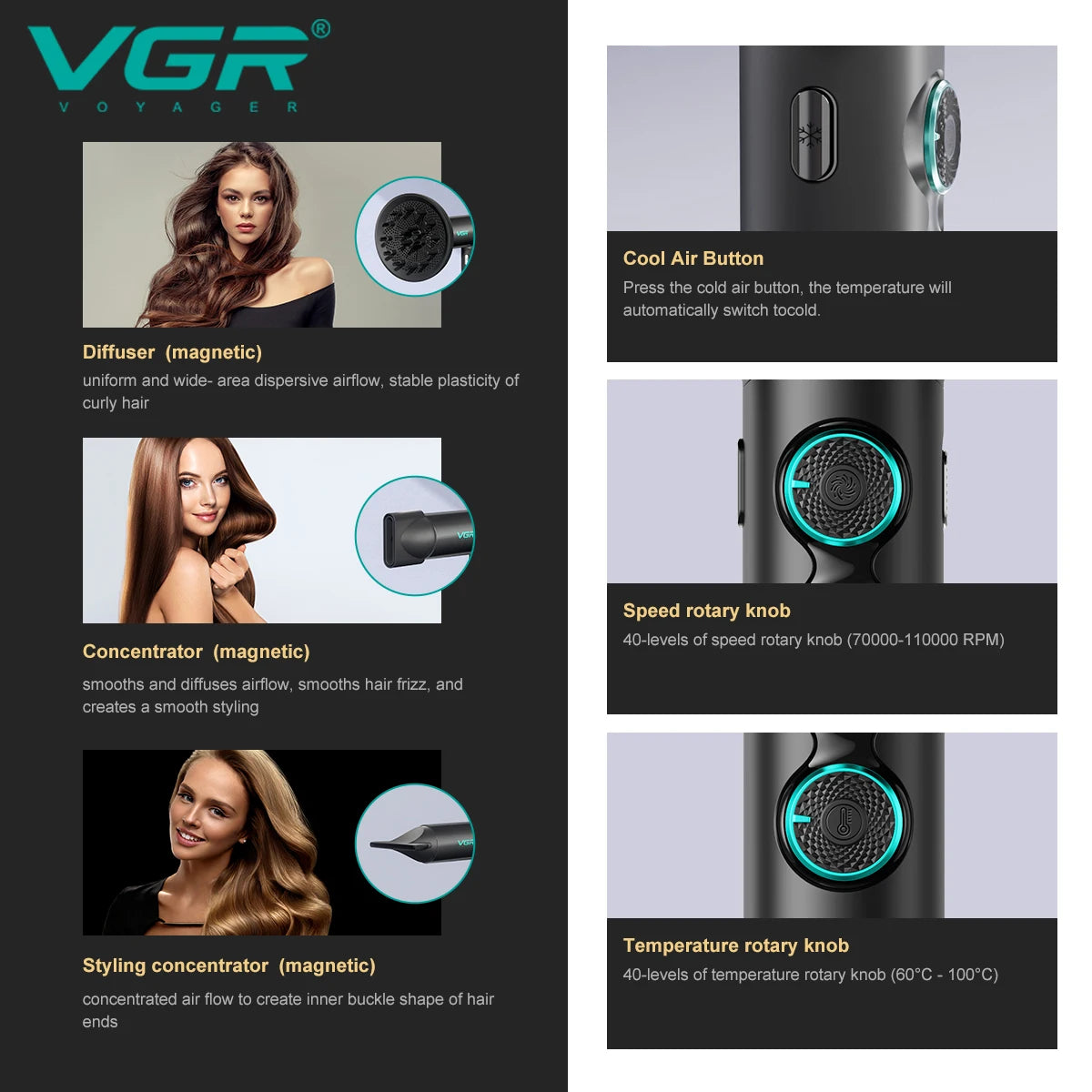 VGR V-401 professional 110k RPM hair dryer, black, featuring magnetic diffuser, concentrator, and temp control knobs.