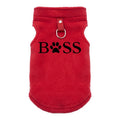 Red fleece vest for small dogs with BOSS print and D-ring for warm, stylish autumn and winter walks.