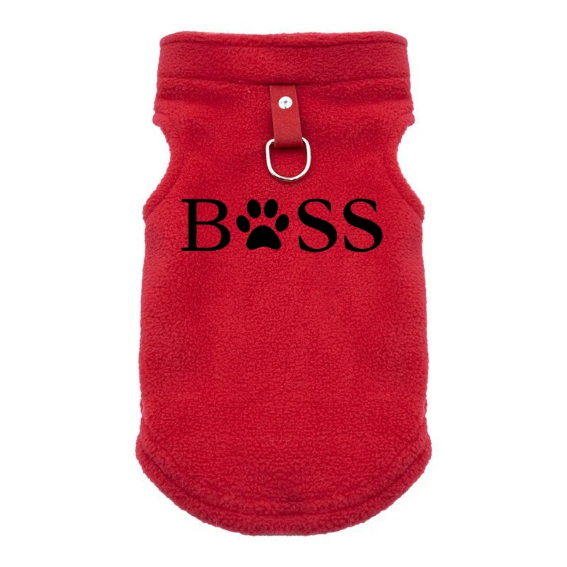 Red fleece vest for small dogs with BOSS print and D-ring for warm, stylish autumn and winter walks.