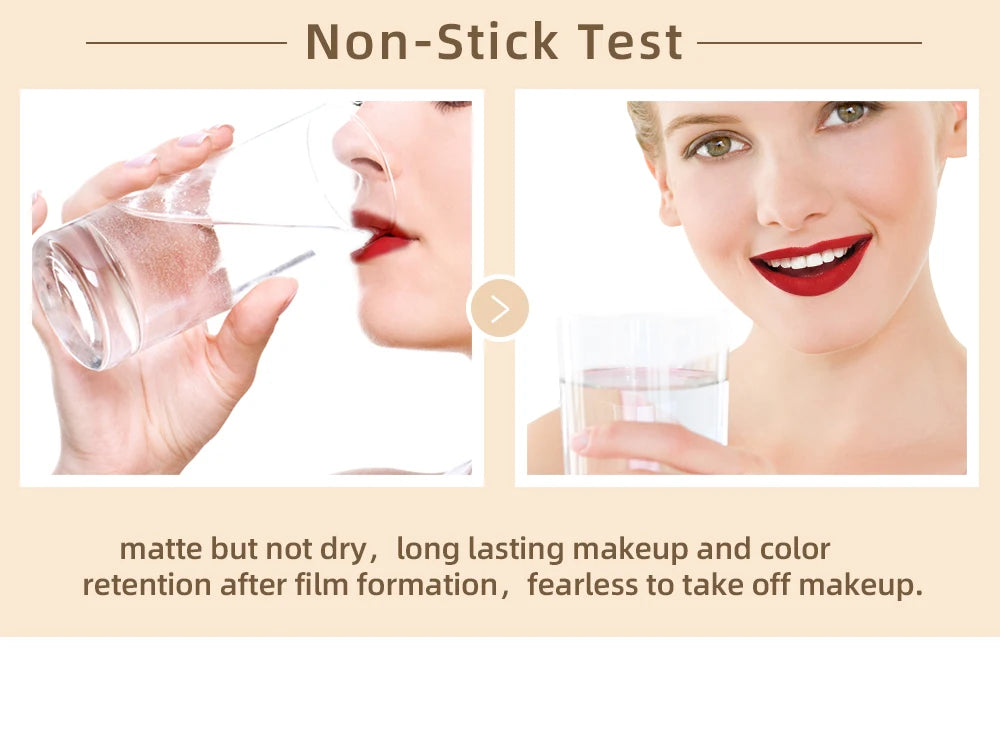 Waterproof matte red liquid lipstick, non-stick, long-lasting velvet lip stain showing no transfer on glass.