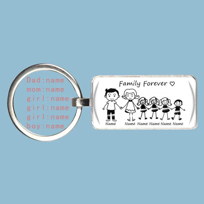 Custom personalized silver keychain with family cartoon illustration, ideal for unique gifts for family and pet lovers.
