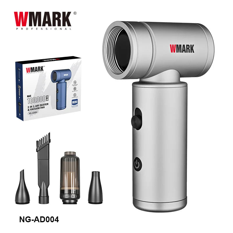 WMARK NG-AD004 silver portable handheld air duster and vacuum with multiple cleaning attachments and 100k RPM motor.