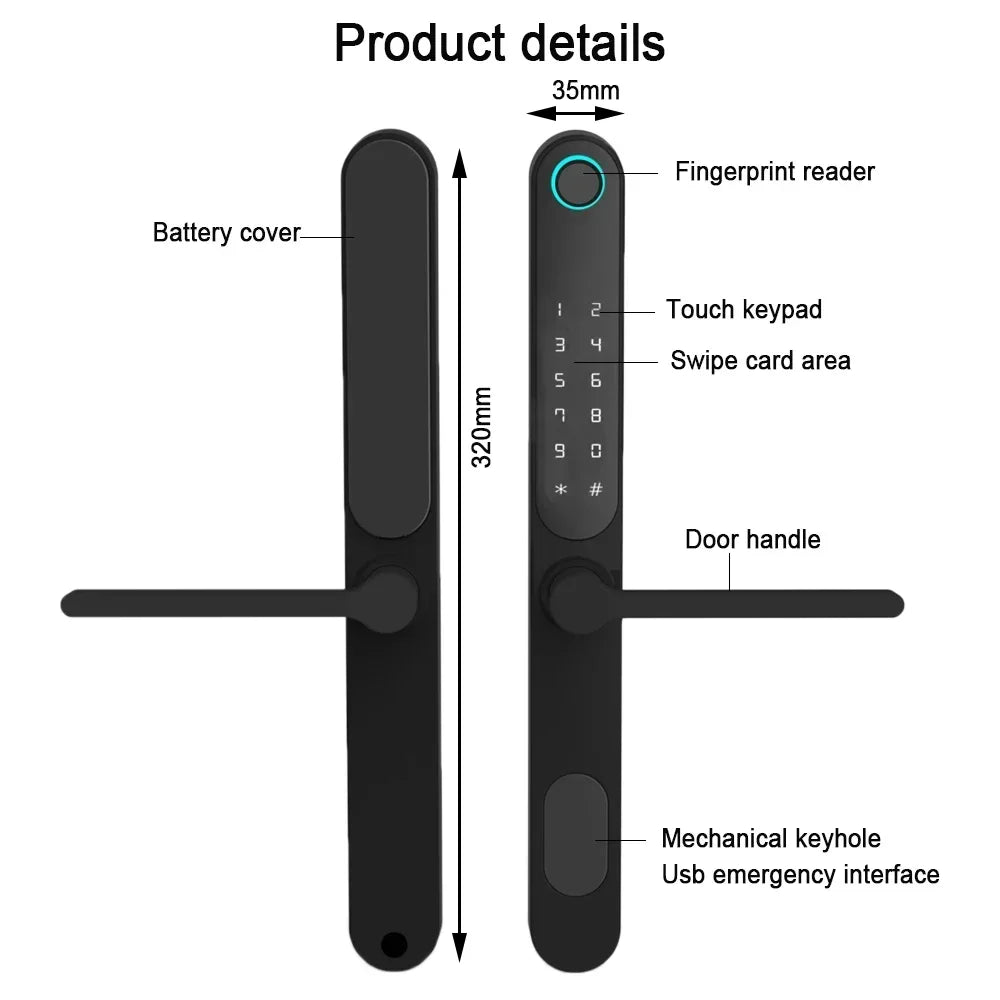 Tuya Bluetooth Smart Door Lock IP66 Waterproof Fingerprint Lock for Outdoor Gate Apartment Narrow Frame Door EU 85 Mortise