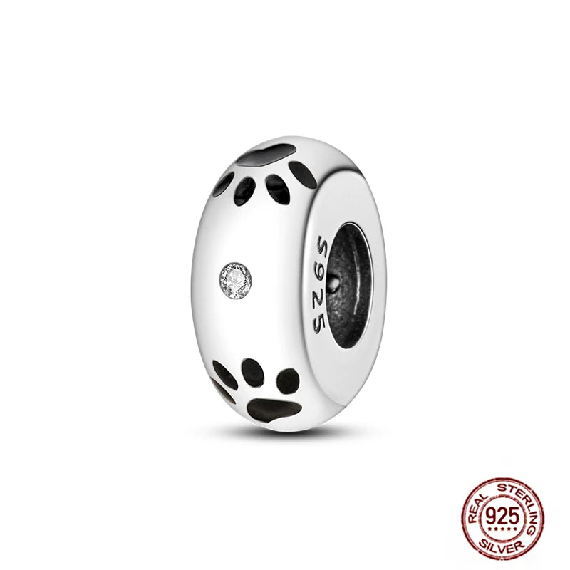 925 Sterling silver pet paw bead charm with crystal for DIY charm bracelets and jewelry, perfect for dog lovers.