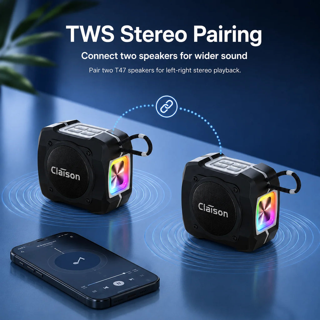 Portable Bluetooth Speaker, Bluetooth 5.3, TWS Pairing, 52mm Driver, 5W Output, 1200mAh Battery, RGB Light, FM Radio, TF Card and USB Playback, IPX6 Water Resistant Design for Outdoor, Camping, Travel and Home Use