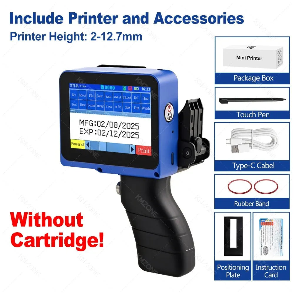Mini handheld inkjet printer with included accessories, shown without cartridge