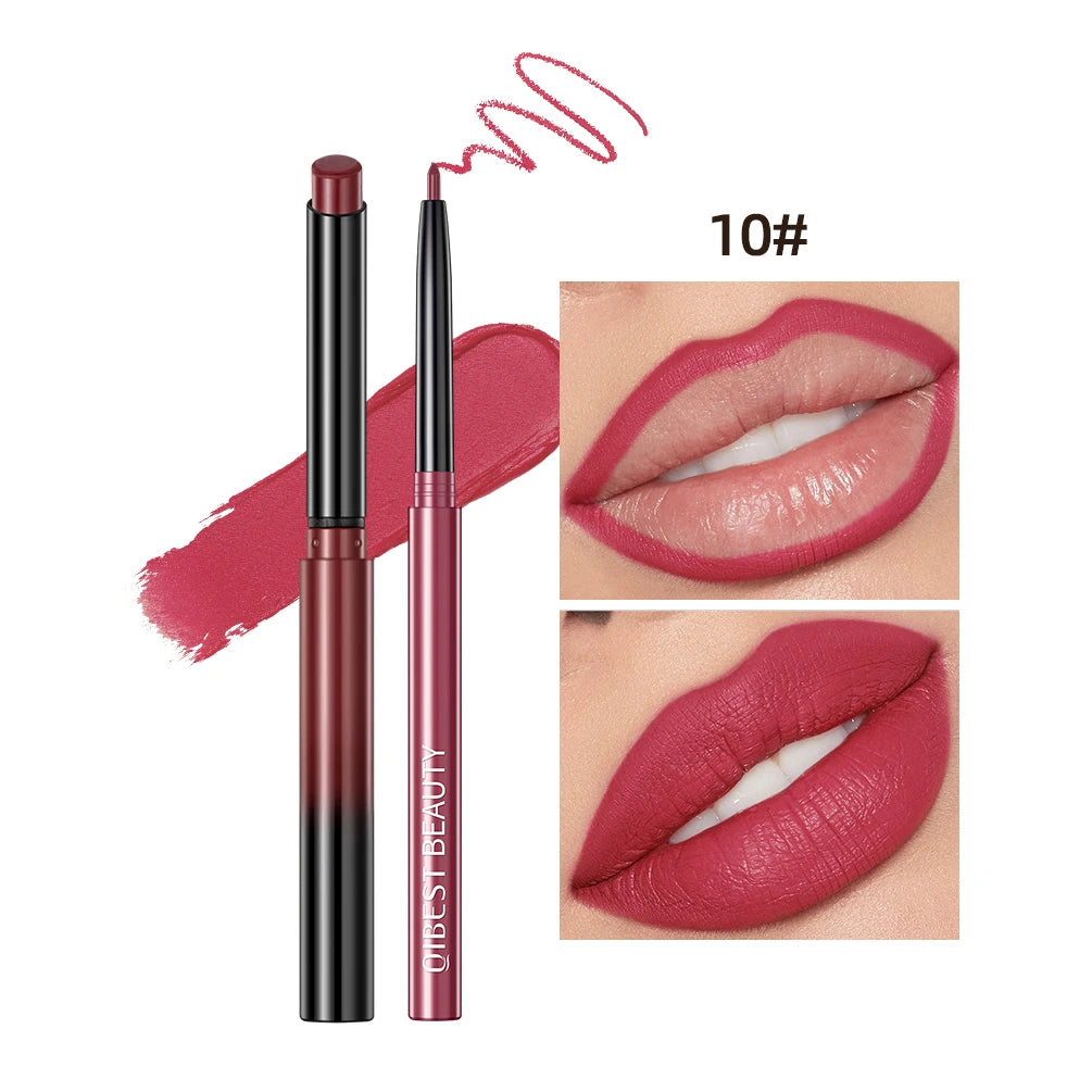 QIBEST 2pcs matte lipstick and waterproof lip liner set in rose-nude, showing pigment swatches and lip application.