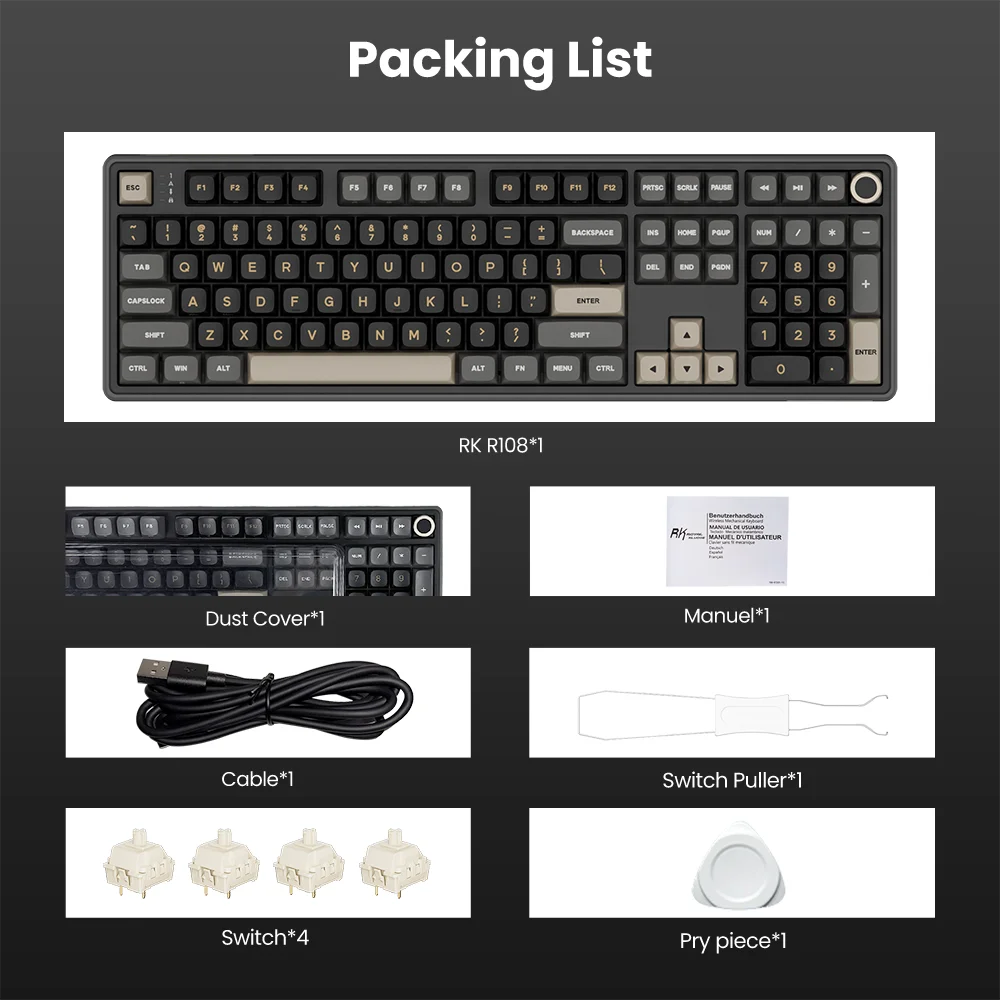 RK Royal Kludge R108 Wired Gamer Keyboard 100% 108 Keys MDA PBT Keycap Gasket RGB Hot-swappable Mechanical Keyboard Volume Knob